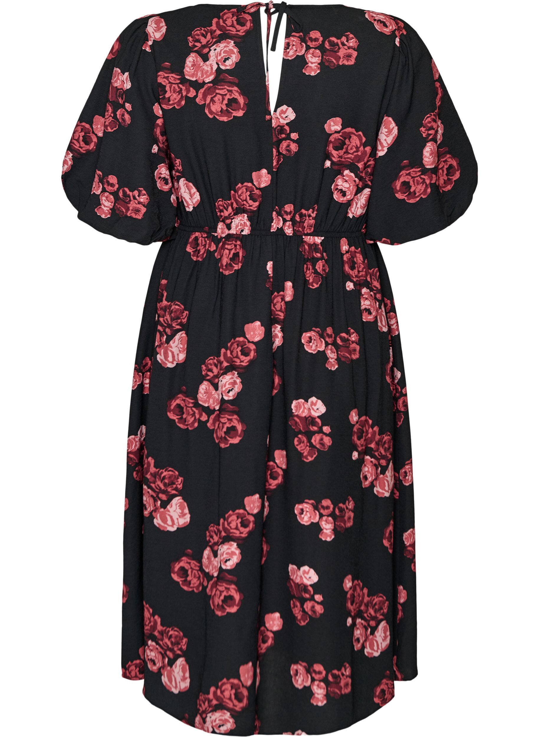 ZizziMidikleid mit Rosenprint und kurzen Ballon&auml;rmeln, Schwarz, Packshot image number 1