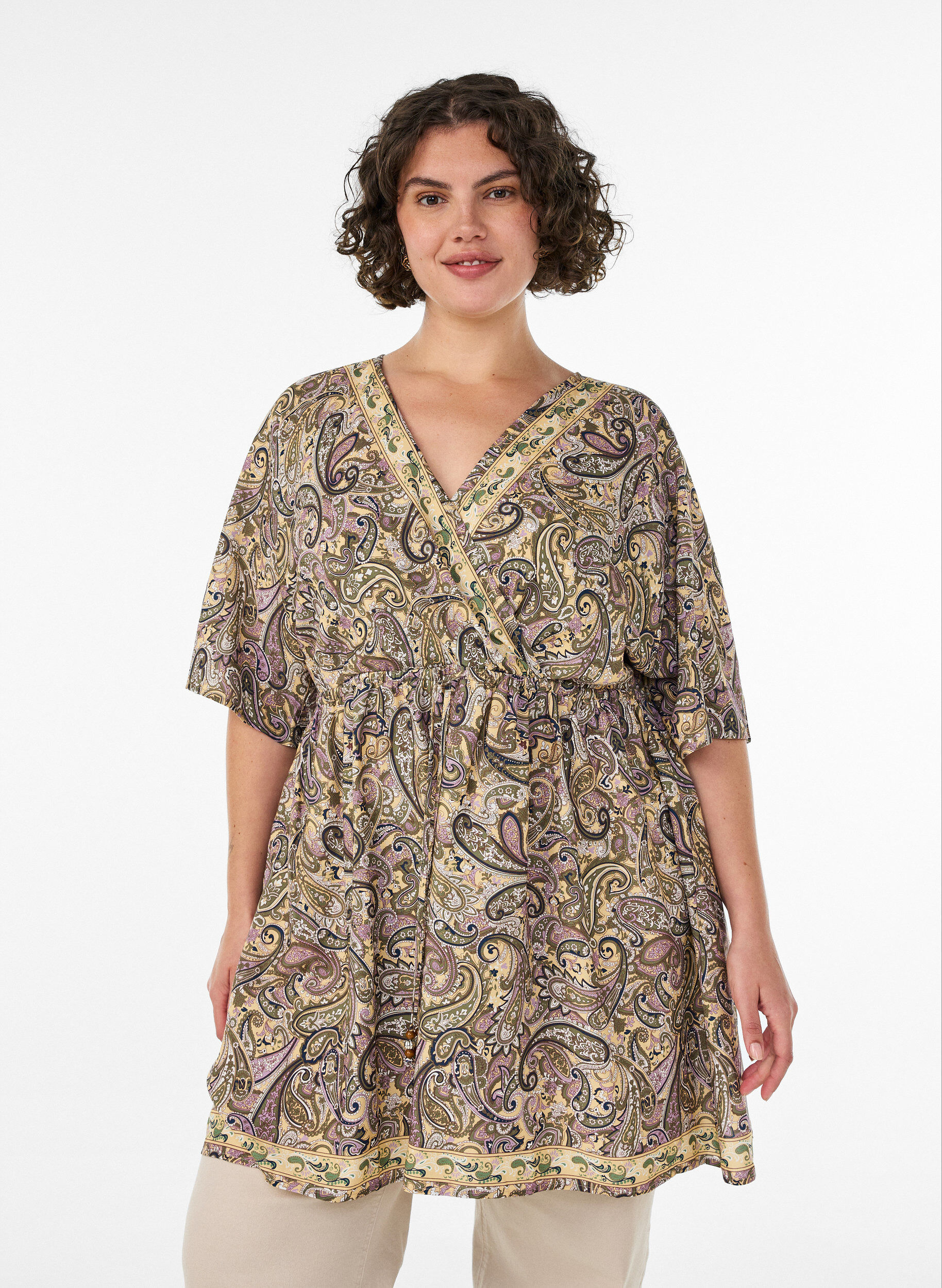 ZizziTunika aus Viskose mit Paisley-Print und Bindeband, Gelb, Model image number 0