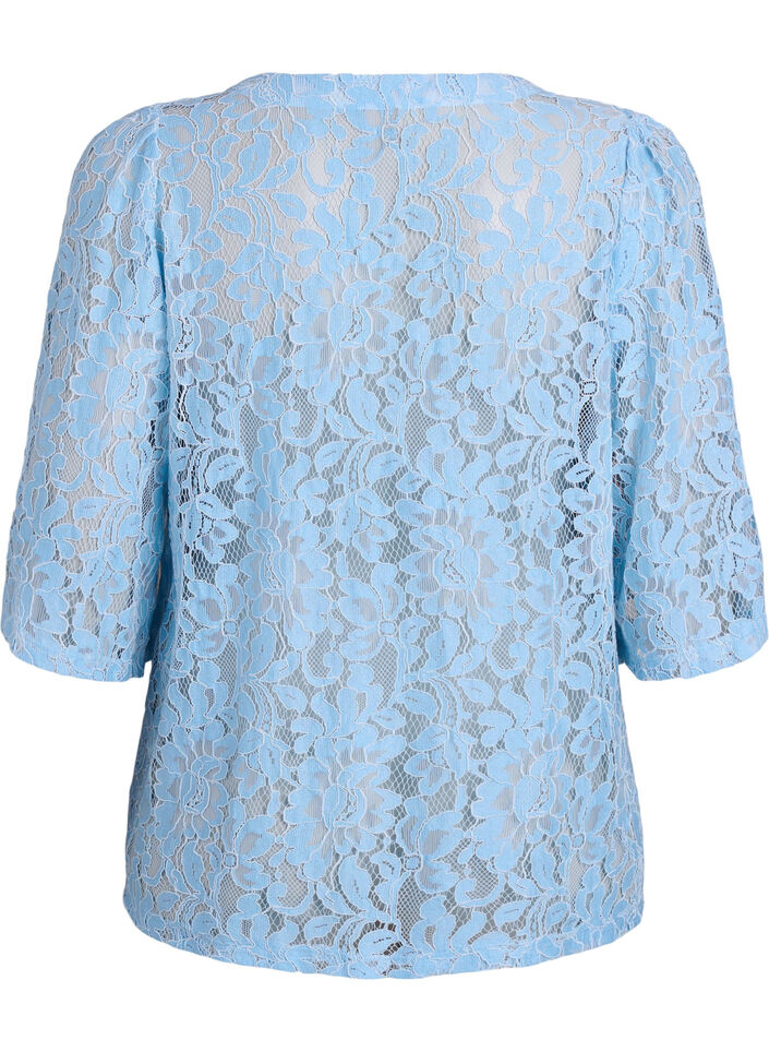 Kurz&auml;rmelige Spitzenbluse mit V-Ausschnitt, Blau, Packshot image number 1