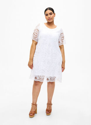 Partykleid aus Spitze mit kurzen Ärmeln, Bright White, Model image number 2