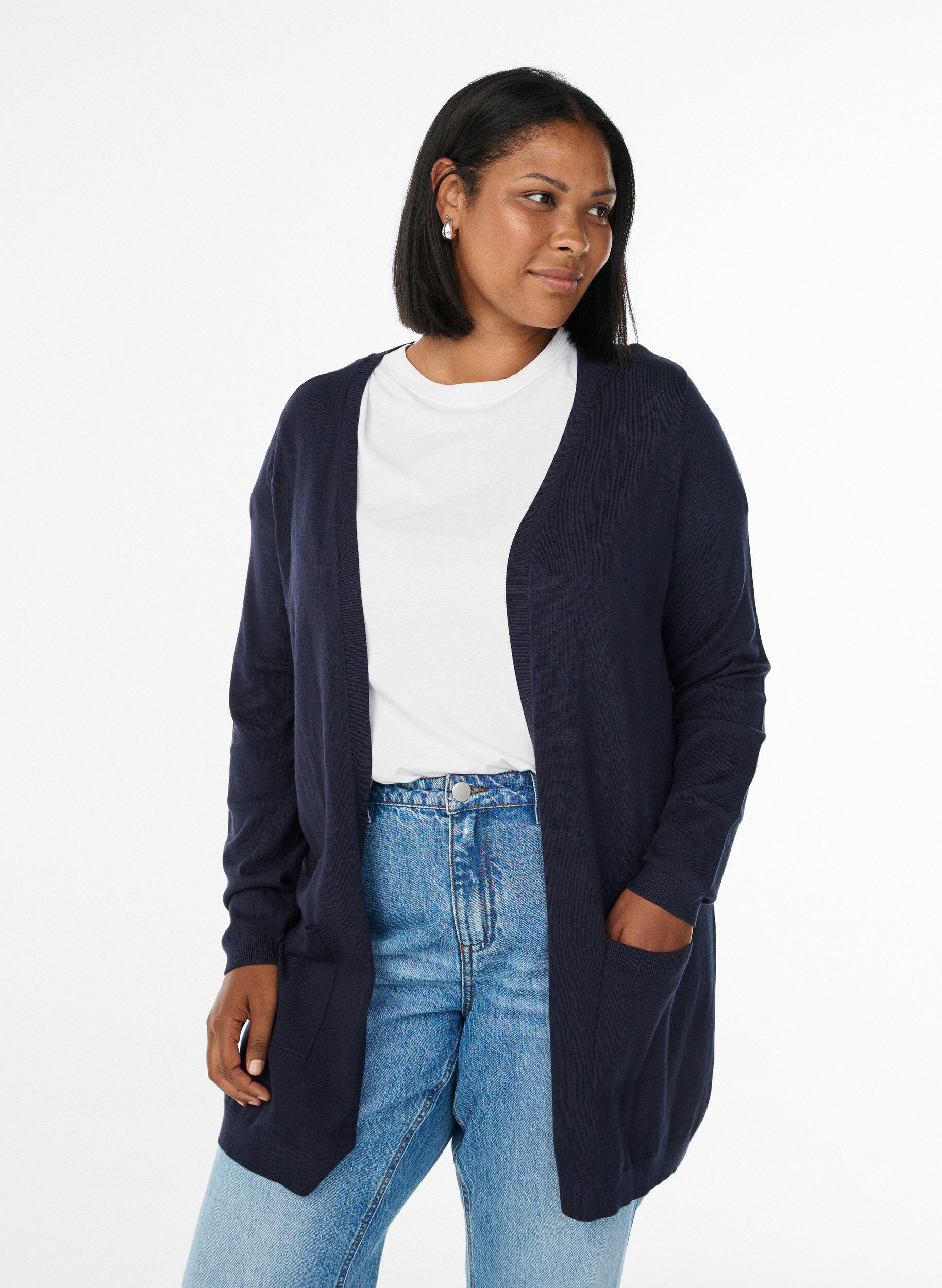 Zizzi Lange Strickjacke aus einer Viskosemischung, Blau, Model image number 0