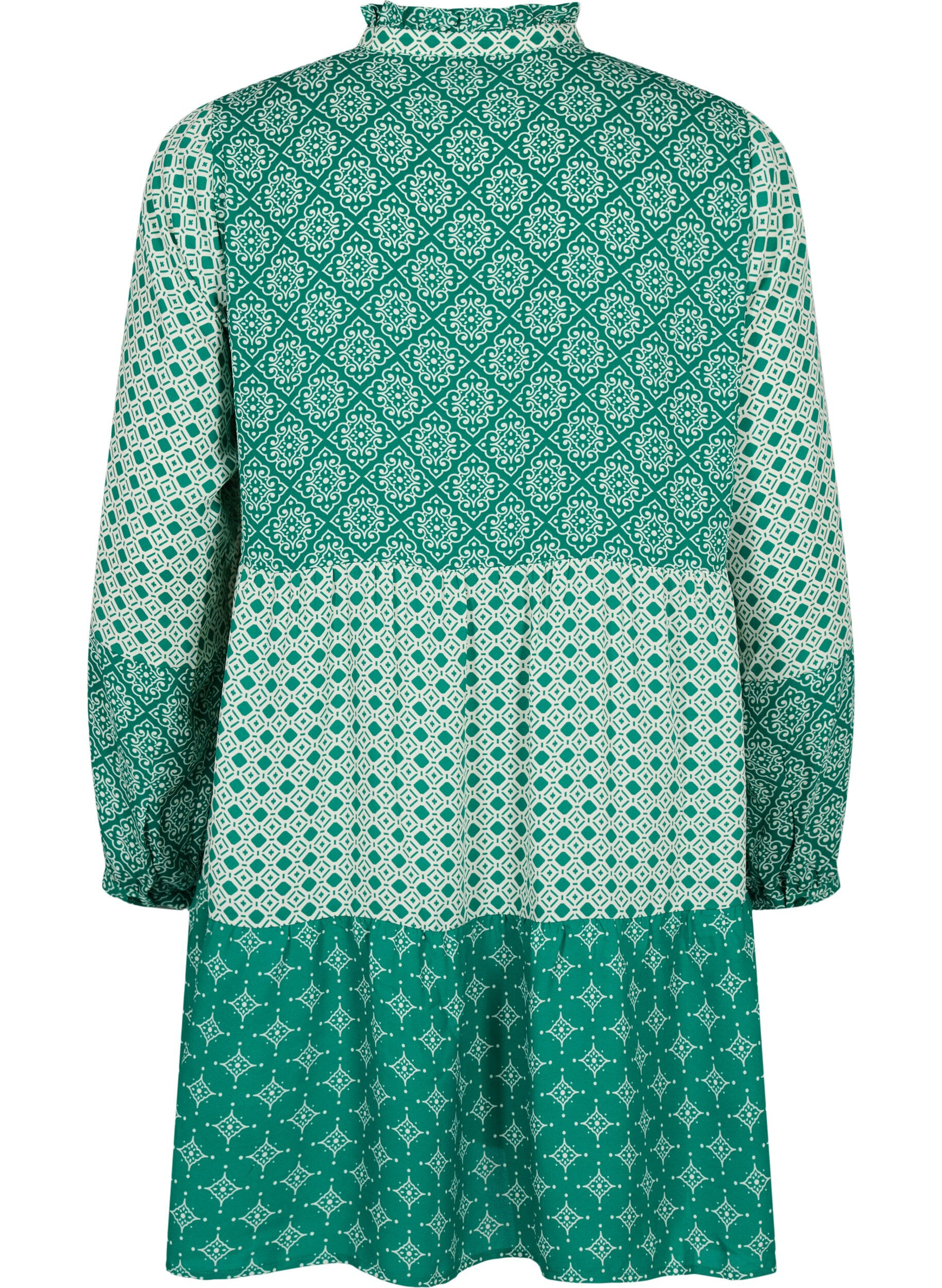 Zizzi A-f&ouml;rmiges Kleid mit Mustern und Schnittlinien, Green AOP, Packshot image number 1