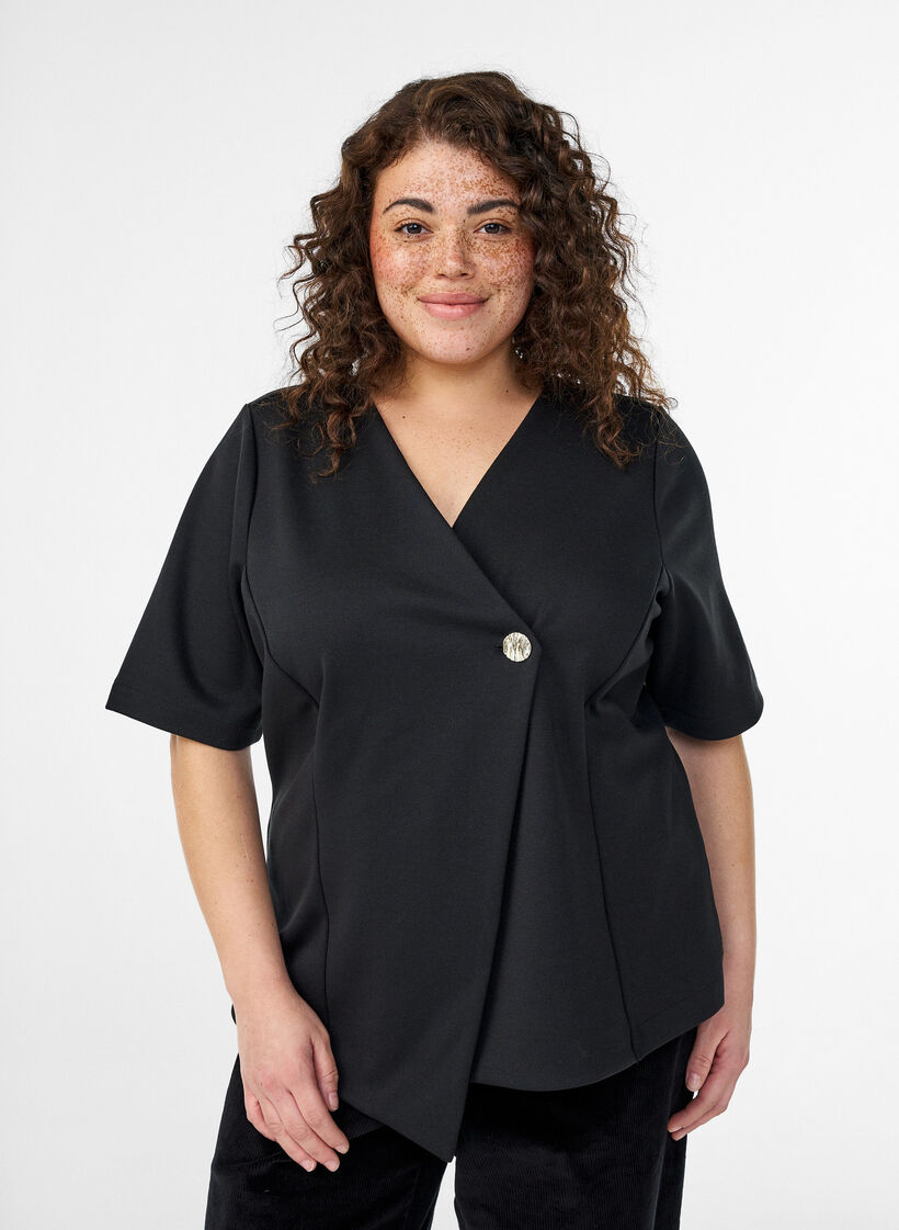 Bluse mit asymmetrischer Wickeloptik und kurzen &Auml;rmeln, Schwarz, Model image number 0