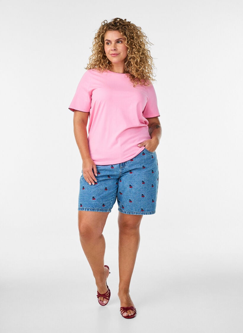 T-Shirt aus Baumwolle mit gewellten Kontrastkanten, Pink, Model image number 1