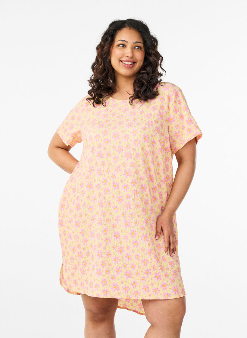 Kurzes Kleid mit gecrinkelter Textur und kurzen &Auml;rmeln, Gelb, Model image number 0