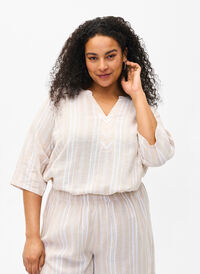 Gestreifte Bluse aus einer Leinen-Viskose-Mischung, Beige White Stripe, Model