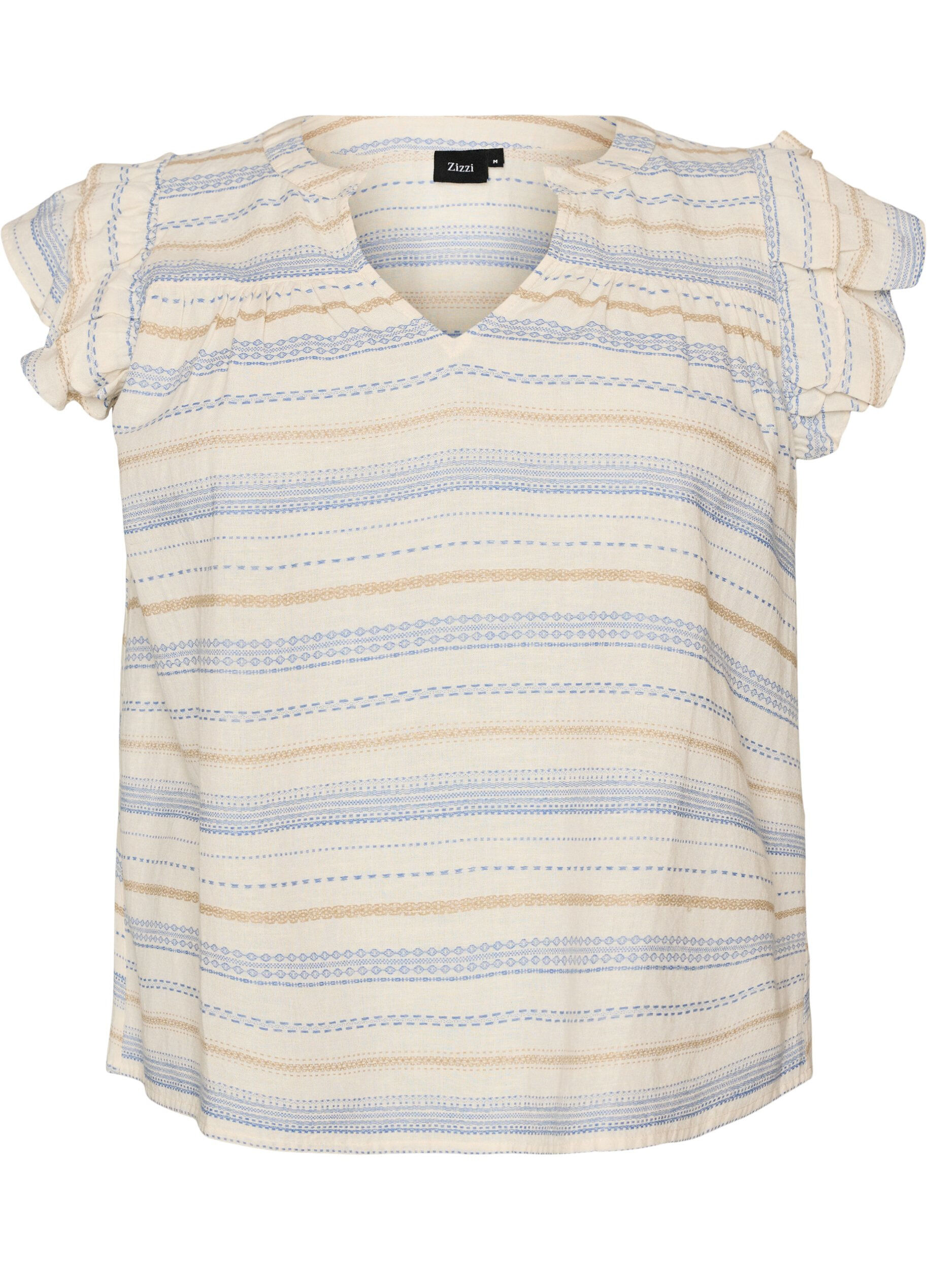 &Auml;rmellose Bluse mit R&uuml;schen und gemusterten Streifen