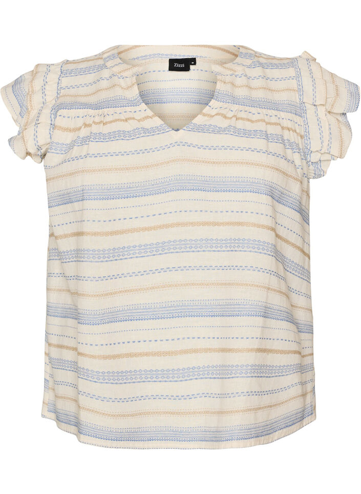 &Auml;rmellose Bluse mit R&uuml;schen und gemusterten Streifen, Vanille, Packshot image number 0