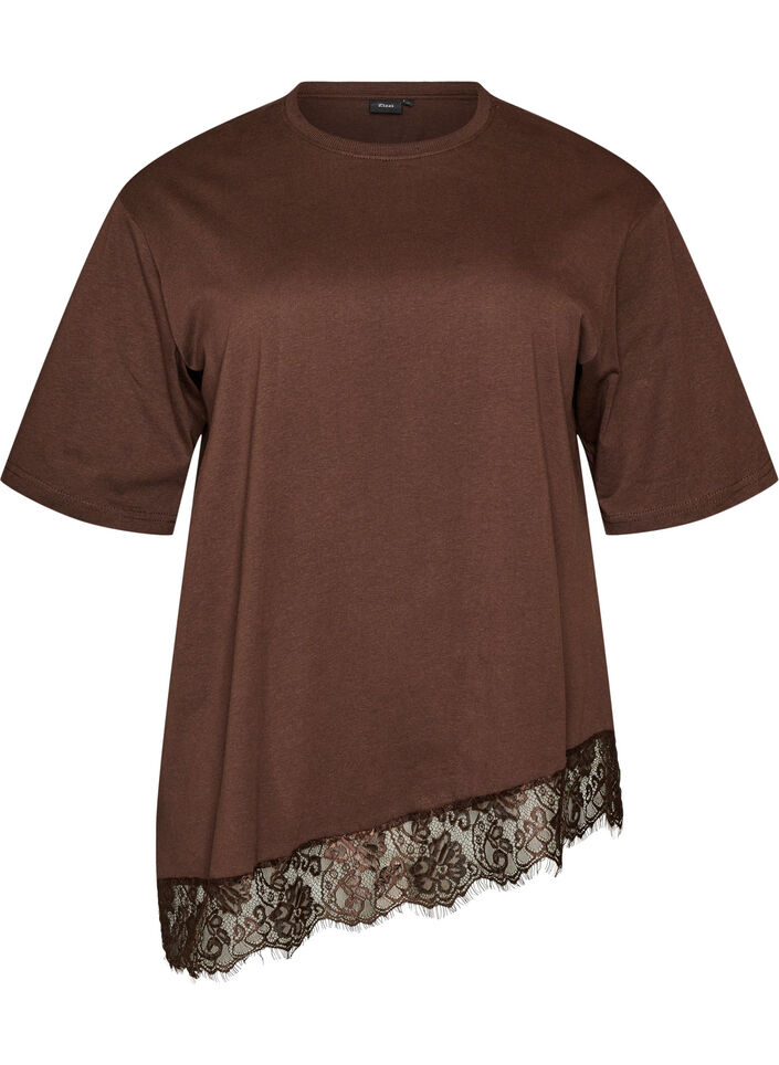 T-Shirt mit asymmetrischem Spitzensaum, Braun, Packshot image number 0