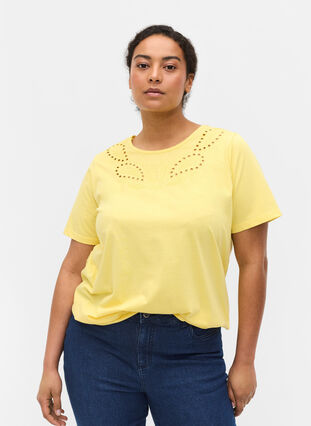 T-Shirt mit Lochstickerei und kurzen Ärmeln, Goldfinch Mel., Model image number 0