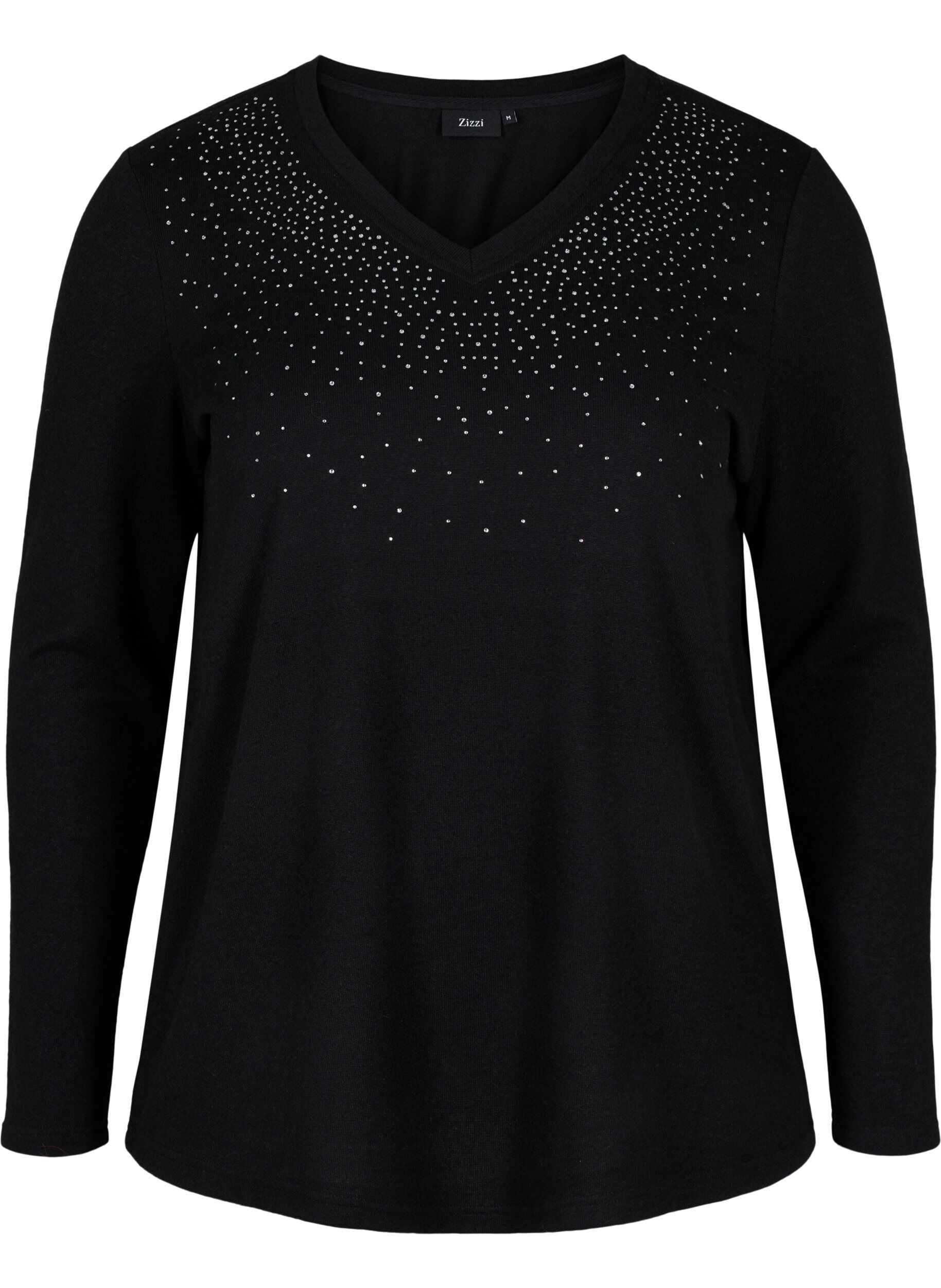 Zizzi Bluse mit Similisteinen und langen &Auml;rmeln., Black, Packshot image number 0