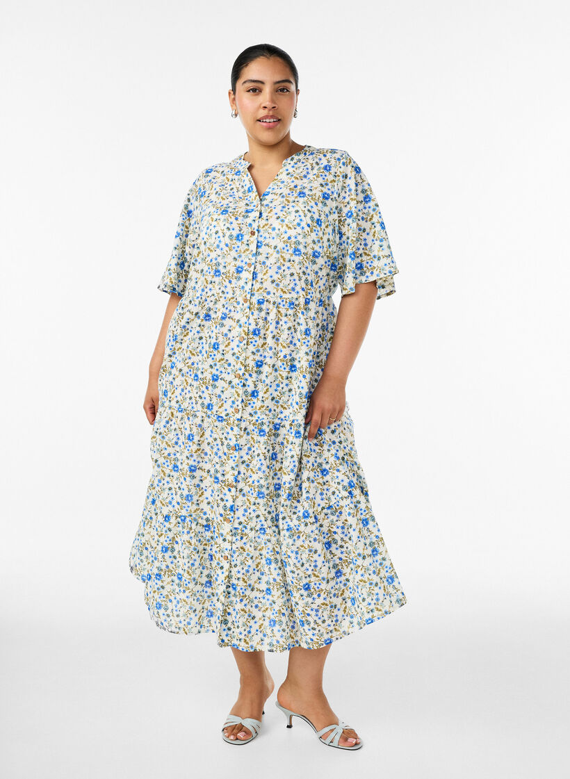 Baumwoll-Midikleid mit Blumenprint, Blau, Model image number 0