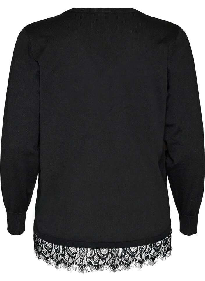 Bluse aus Strick mit V-Ausschnitt und Spitzen, Schwarz, Packshot image number 1