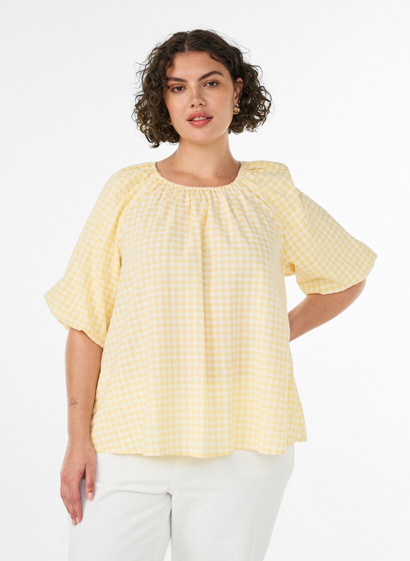 Bluse mit kleinem Karo, elastischem Ausschnitt und halblangen &Auml;rmeln, Gelb, Model image number 0
