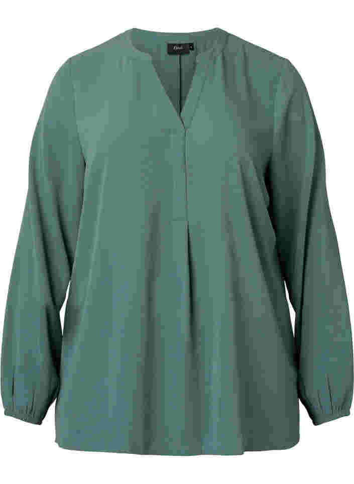 Unifarbene Bluse mit V-Ausschnitt, Mallard Green, Packshot image number 0