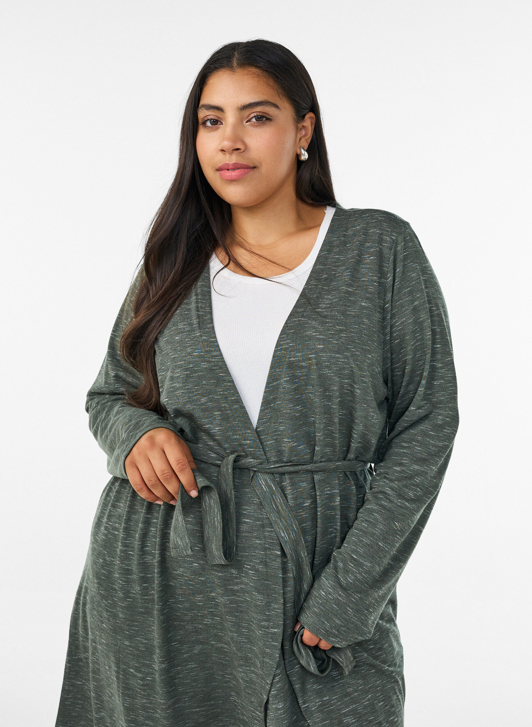 ZizziLange Jersey-Strickjacke mit Bindeg&uuml;rtel, Gr&uuml;n, Model image number 2