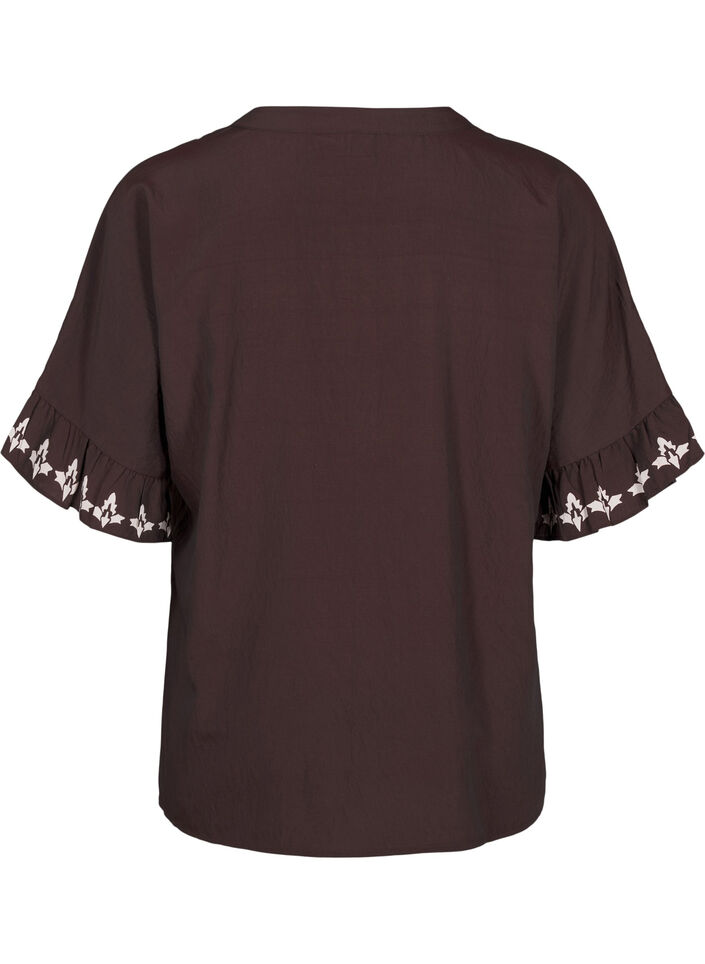 Kurzarmbluse mit Print und Rüschen, Braun, Packshot image number 1