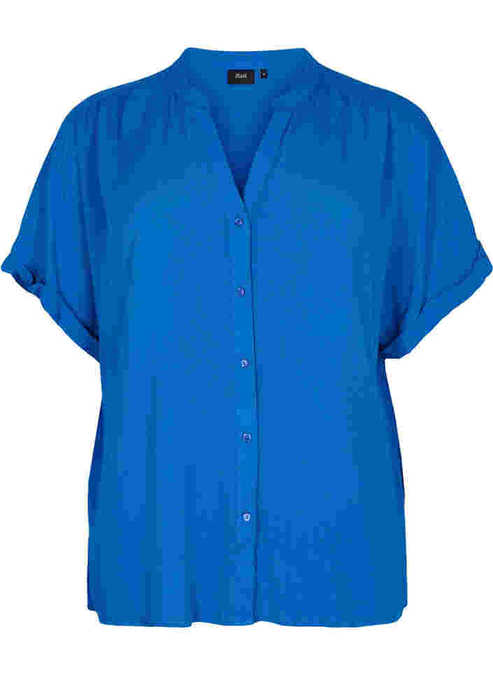 Kurzärmeliges Viskose-Shirt mit V-Ausschnitt, Classic Blue, Packshot image number 0