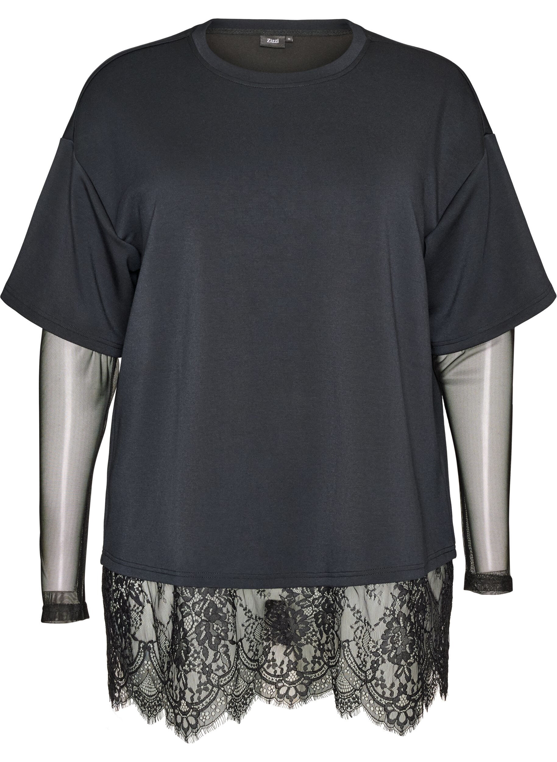 Bluse mit Mesh-&Auml;rmeln und Spitzenbesatz