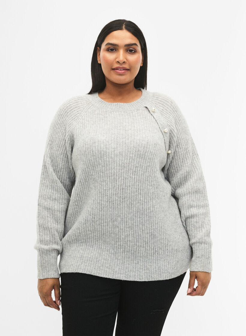 Melange-Pullover mit perlenbesetzten Knöpfen, Light Grey Melange, Model image number 0