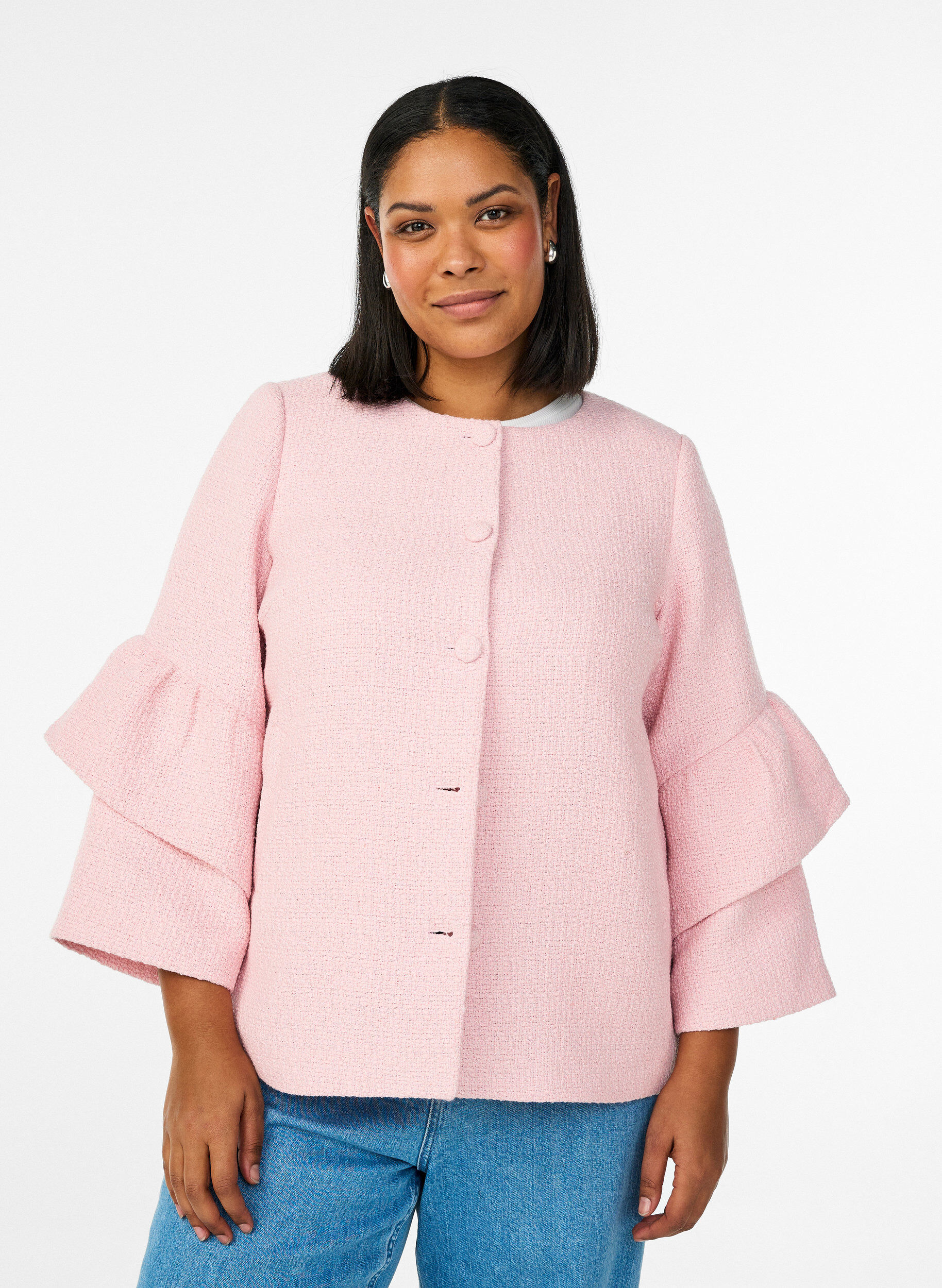 Jacke aus Boucl&eacute; mit R&uuml;schendetails, Pink, Model