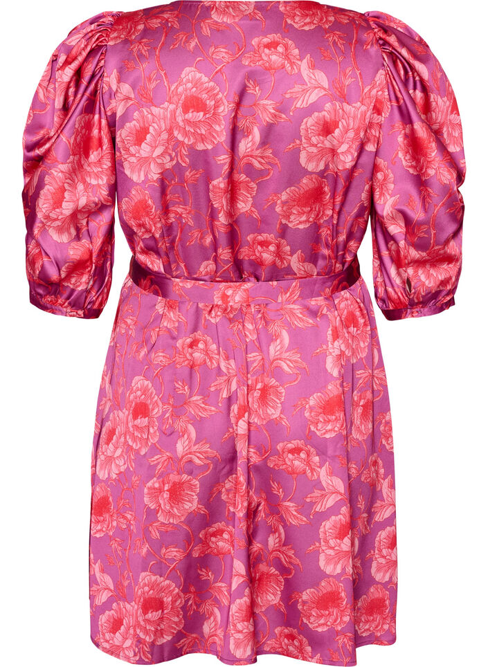 Gebl&uuml;mtes Kleid mit Puff&auml;rmeln und Bindeg&uuml;rtel, Pink, Packshot image number 1