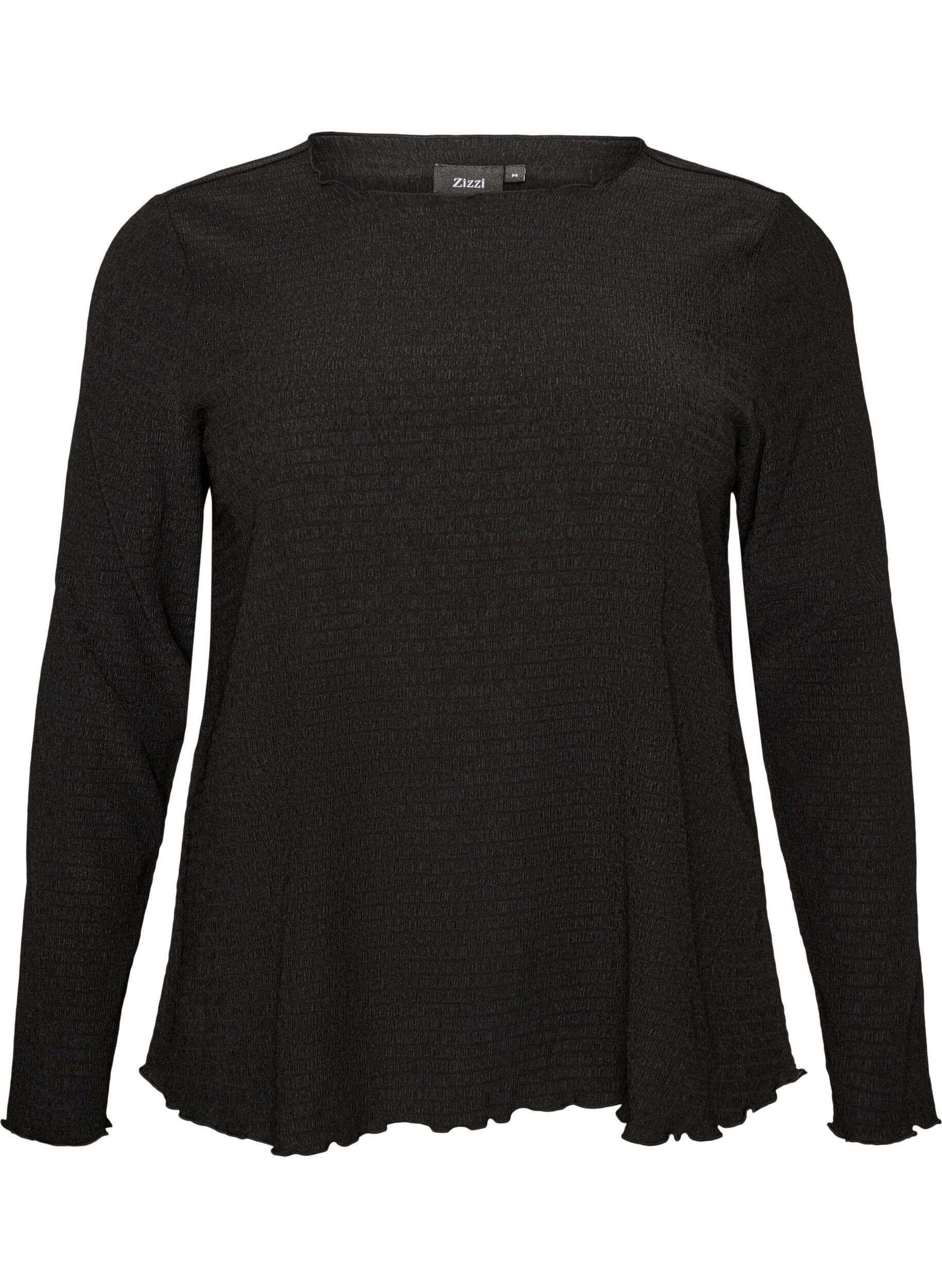ZizziStrukturierte Bluse mit gewellten Kanten, Schwarz, Packshot image number 0