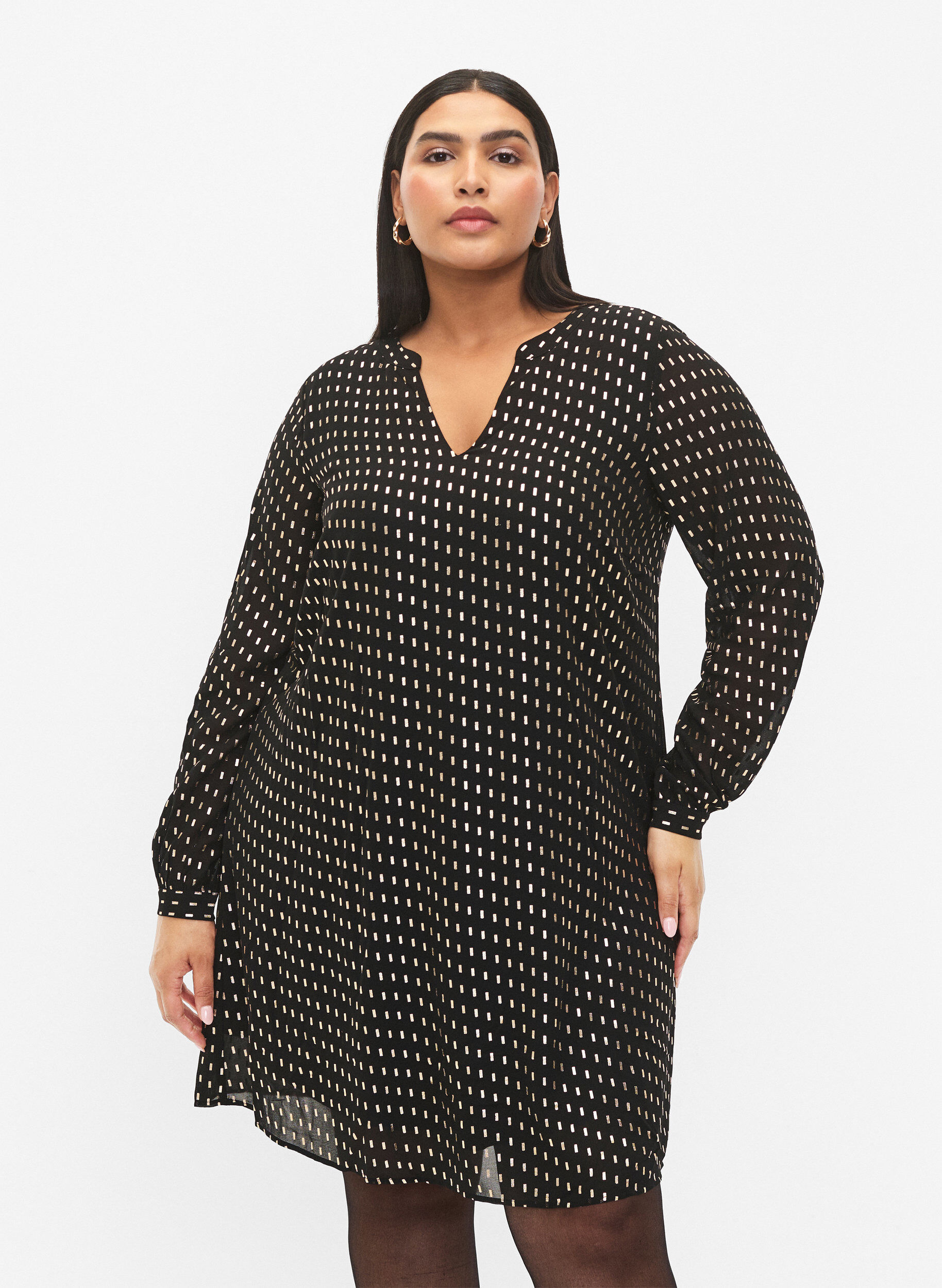 Zizzi Lang&auml;rmeliges Kleid mit Foliendruck, Black w. Gold, Model image number 0