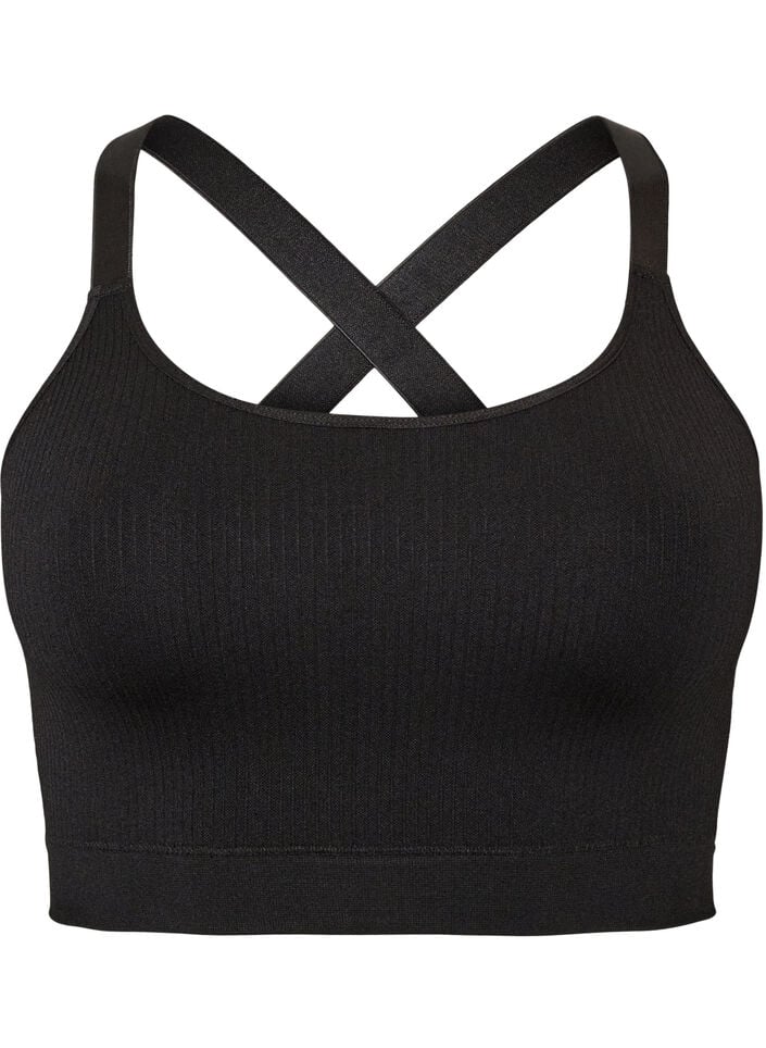 Nahtloser gerippter Sport-BH, Schwarz, Packshot image number 0