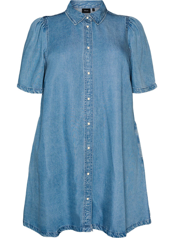 Jeanskleid aus Lyocell mit Kn&ouml;pfen und kurzen &Auml;rmeln, Blau, Packshot image number 0