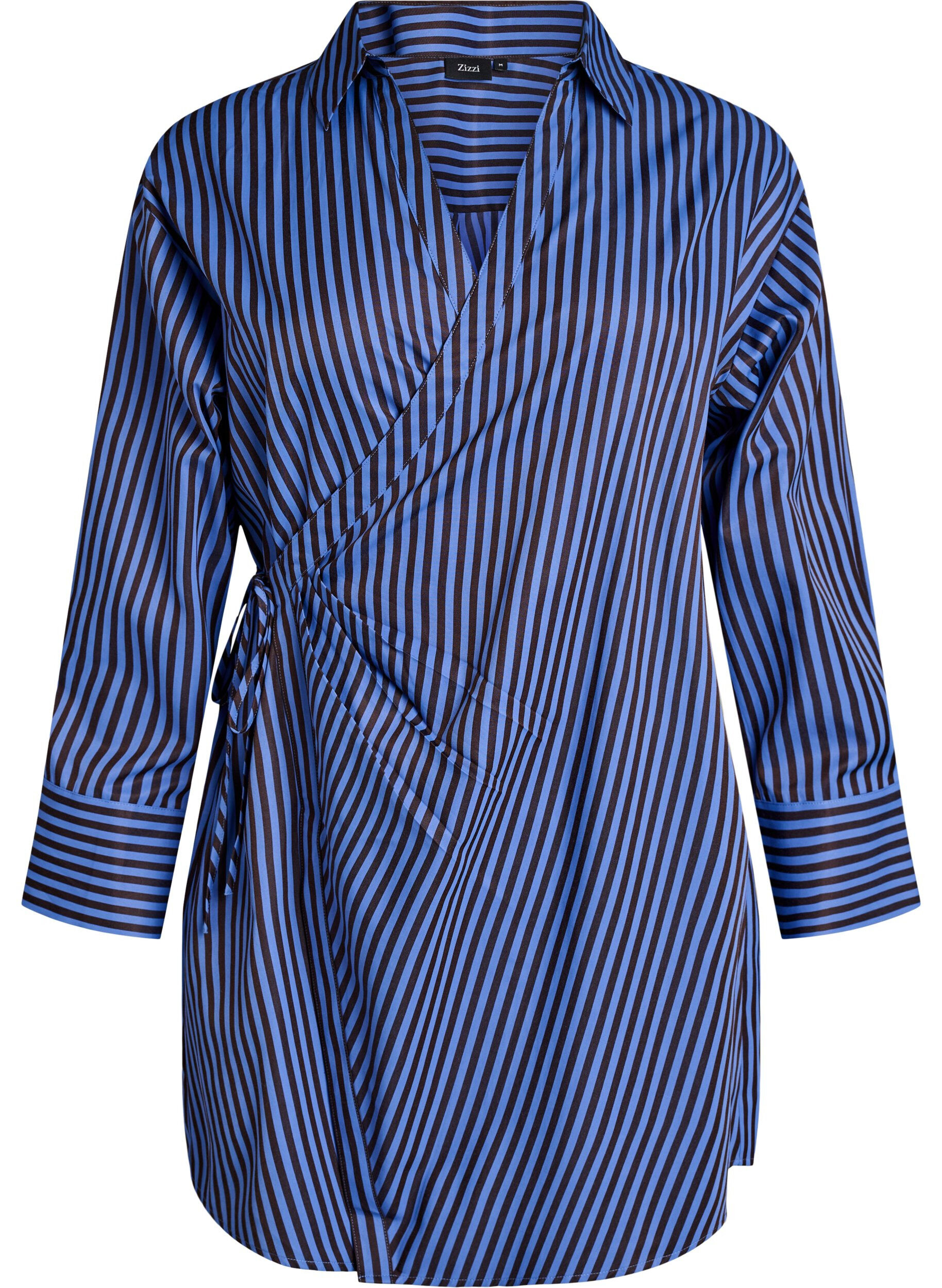 ZizziGestreifte Bluse mit Wickeloptik und Bindeg&uuml;rtel, Blau, Packshot image number 0