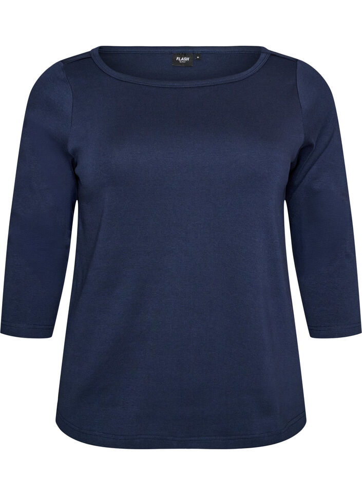 Basic-T-Shirt mit U-Boot-Ausschnitt und 3/4-&Auml;rmeln, Blau, Packshot image number 0