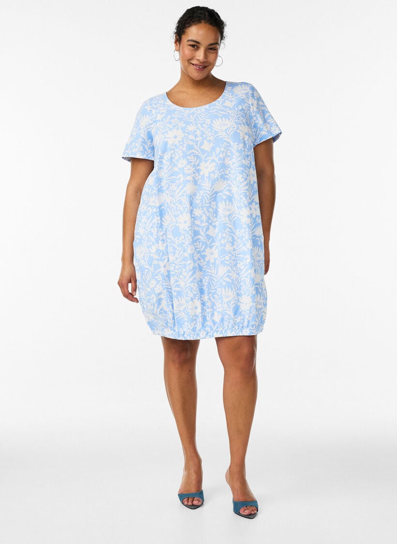 Kurz&auml;rmliges Baumwollkleid mit Aufdruck, Vanille, Model image number 1
