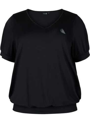 Unifarbenes Workout-Shirt mit V-Ausschnitt, Black, Packshot image number 0