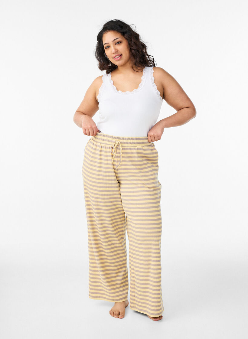 Gestreifte Schlafanzughose mit hoher Taille und weiten Beinen, Gelb, Model image number 0