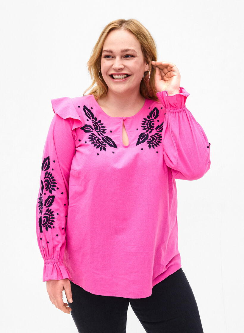 Baumwollbluse mit Stickerei und Rüschen, Pink, Model image number 0