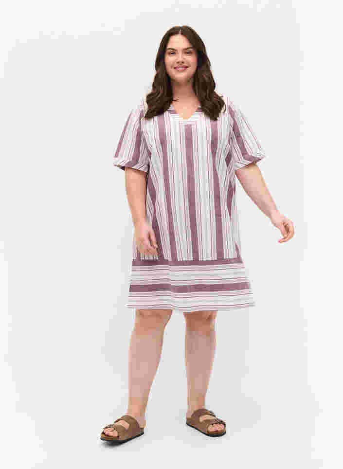 Gestreiftes Baumwollkleid mit kurzen Ärmeln, Vineyard Wine Stripe, Model image number 2
