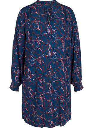 Bedrucktes Viskose-Kleid mit Bindedetail, Dark Blue AOP, Packshot image number 0