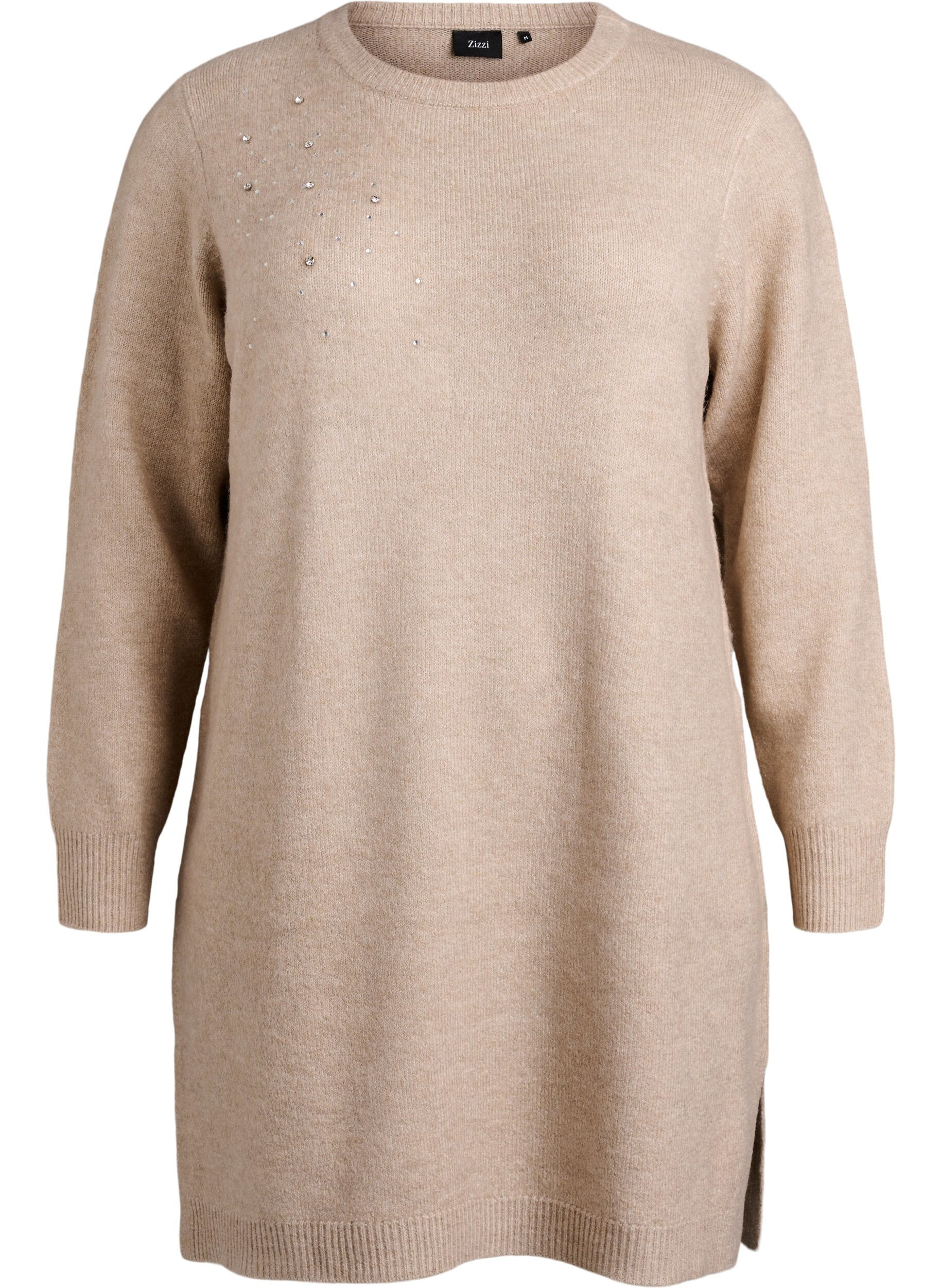 Zizzi Kurzes Strickkleid mit Strasssteinen, Beige, Packshot image number 0