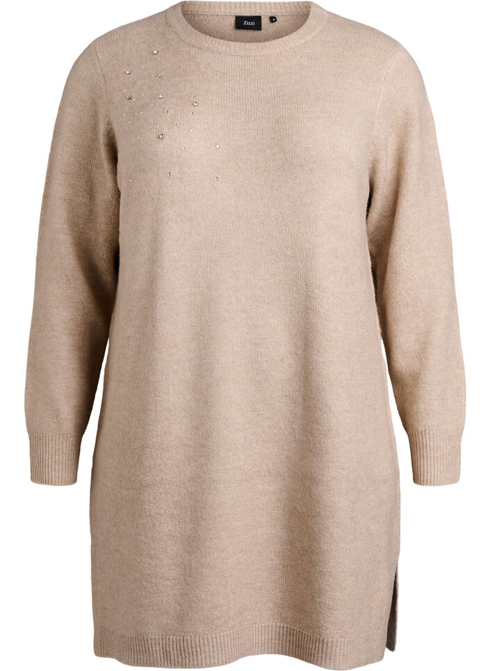 Kurzes Strickkleid mit Strasssteinen, Beige, Packshot image number 0