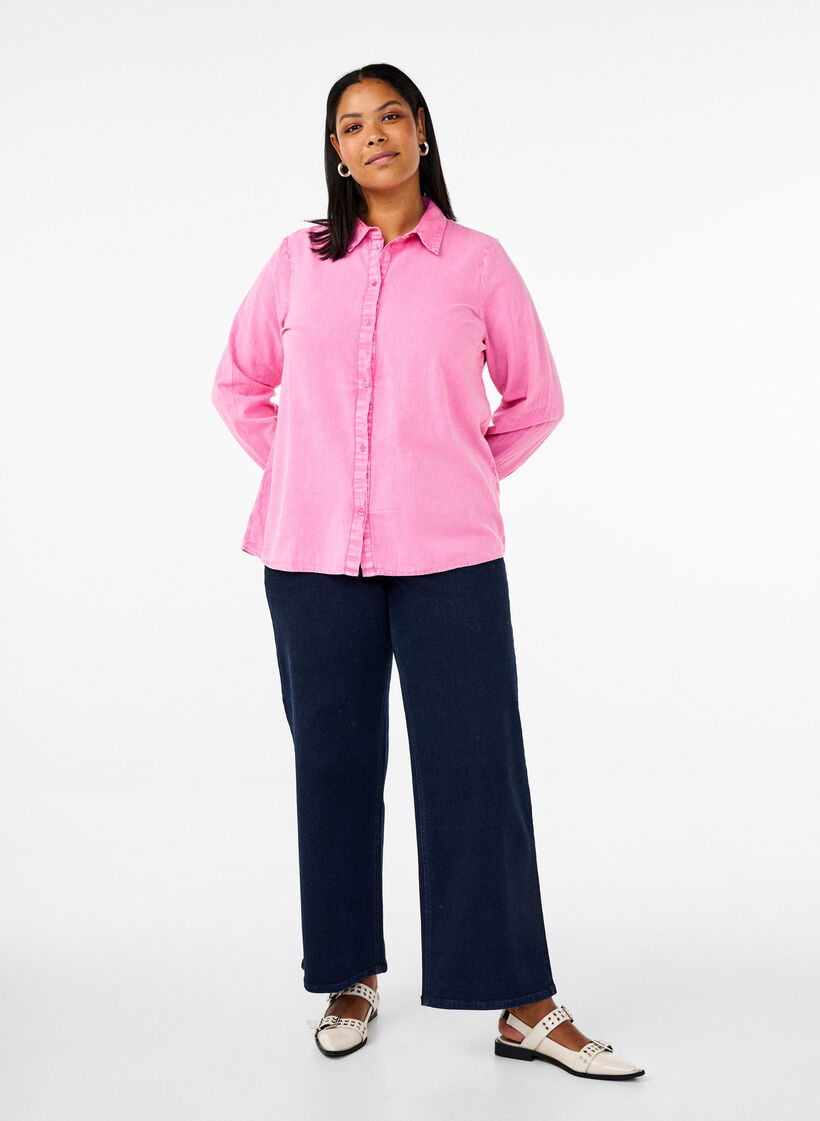 Einfarbige Jeansbluse, Pink Power, Model image number 2