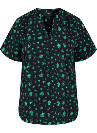 Bluse mit kurzen Ärmeln und V-Ausschnitt, Green Flower AOP, Packshot image number 0