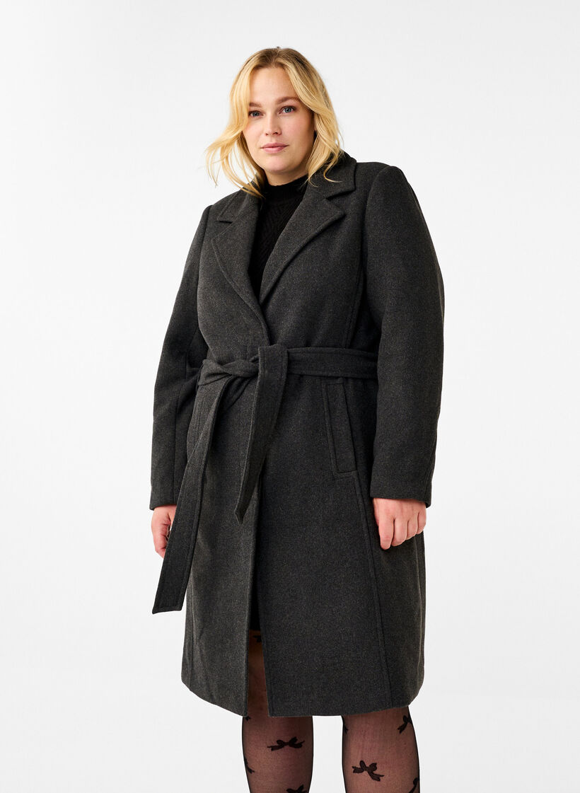 Langer Wollmantel mit Gürtel - Grau - Gr. 42-64 - Zizzi