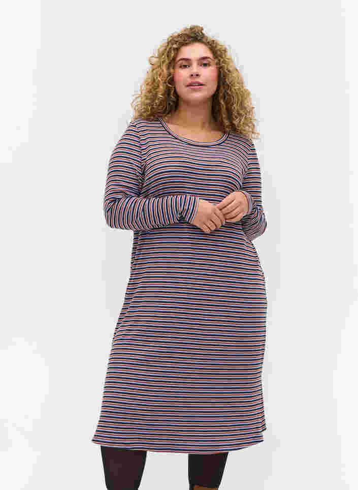 Gestreiftes Kleid mit Schlitz, Mahogany/Navy Stripe, Model image number 0