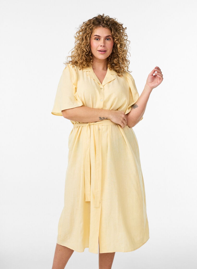 Hemdblusenkleid aus Leinen und Viskose mit Bindeg&uuml;rtel, Gelb, Model image number 0