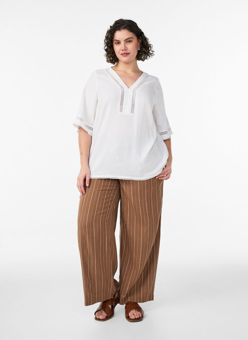 Hose aus Leinen und Viskose mit weitem Bein, Braun, Model image number 0
