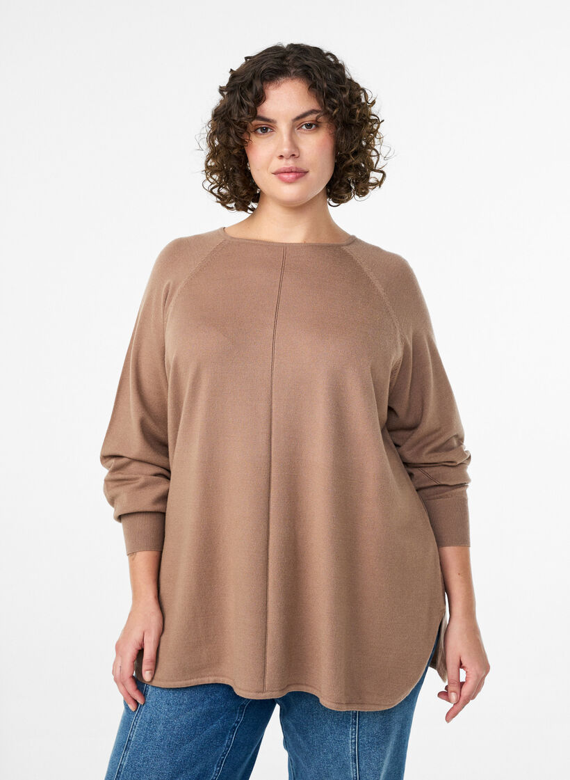 Strickbluse mit Rundhalsausschnitt und Strickmuster, Braun, Model image number 0