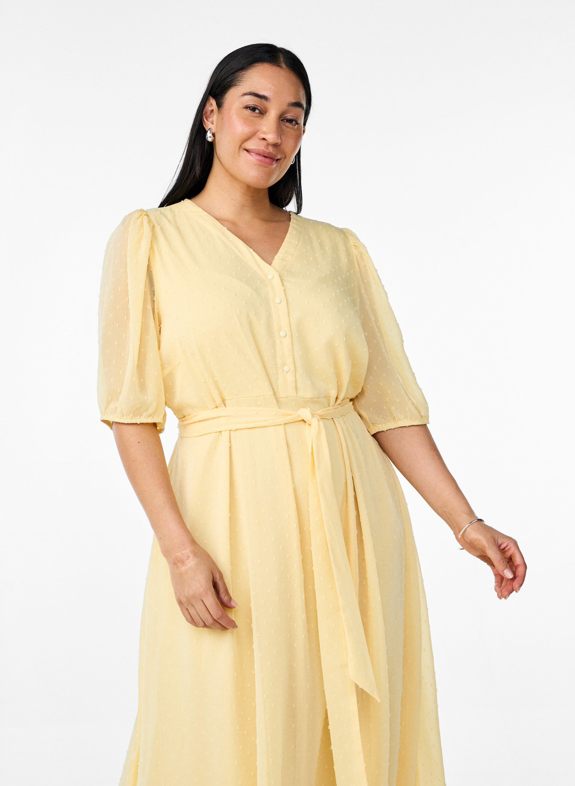 Zizzi Midi-Kleid mit V-Ausschnitt und Bindeband, Gelb, Model image number 2