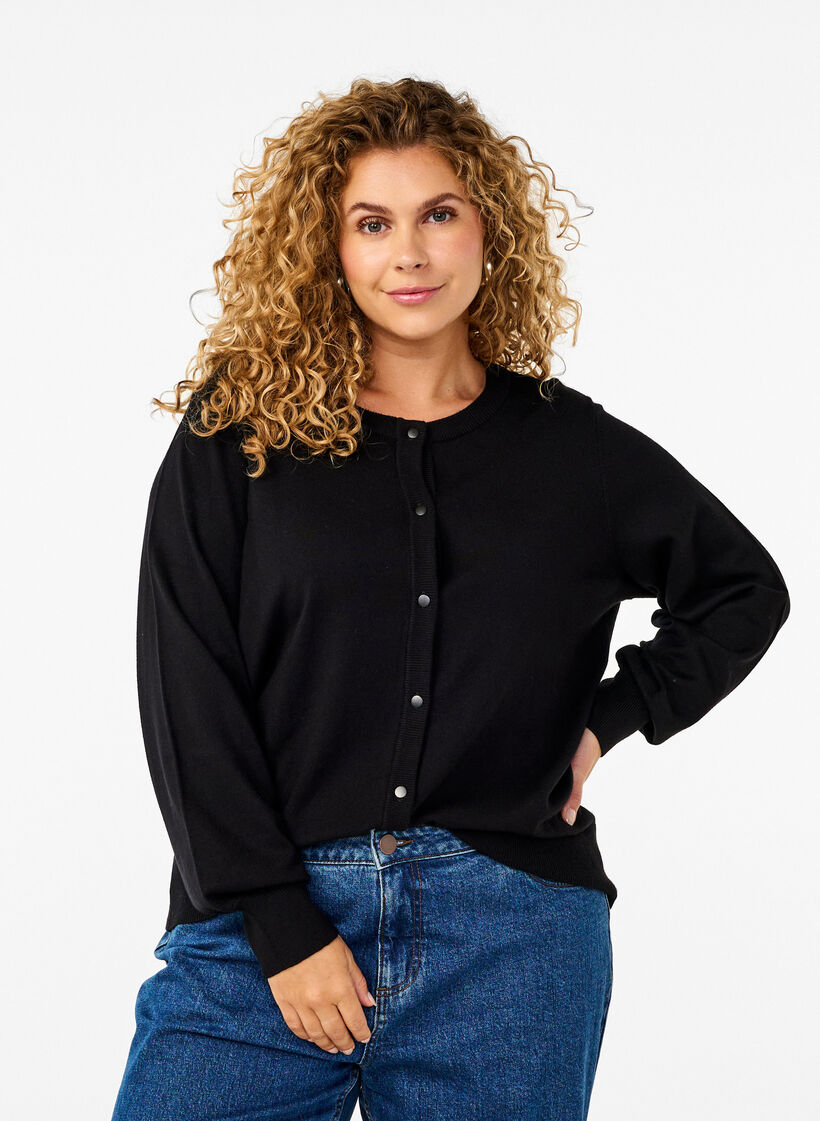 Strickjacke mit Rundhalsausschnitt und Kn&ouml;pfen, Schwarz, Model image number 0