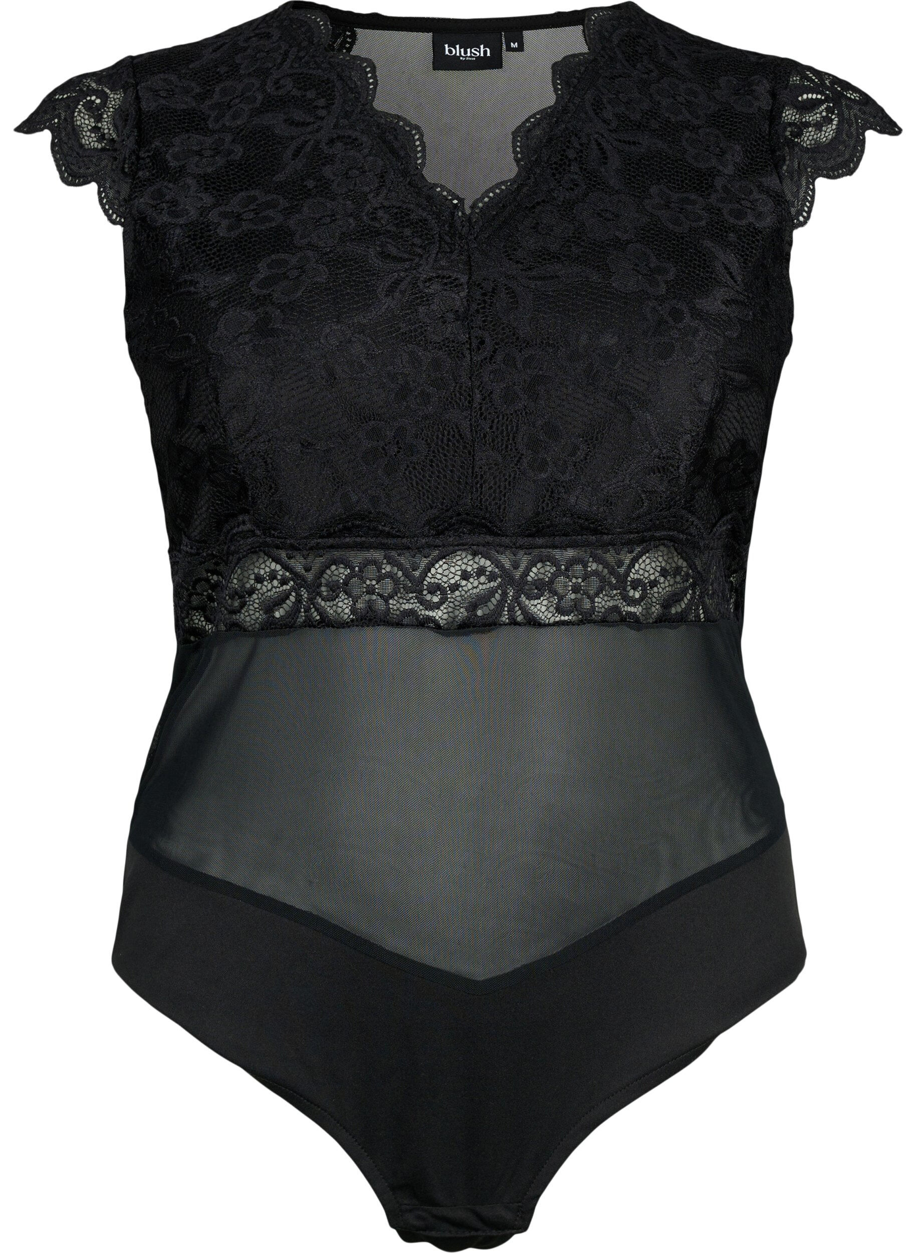 Zizzi Bodystocking mit Spitze und V-Ausschnitt, Black, Packshot image number 0